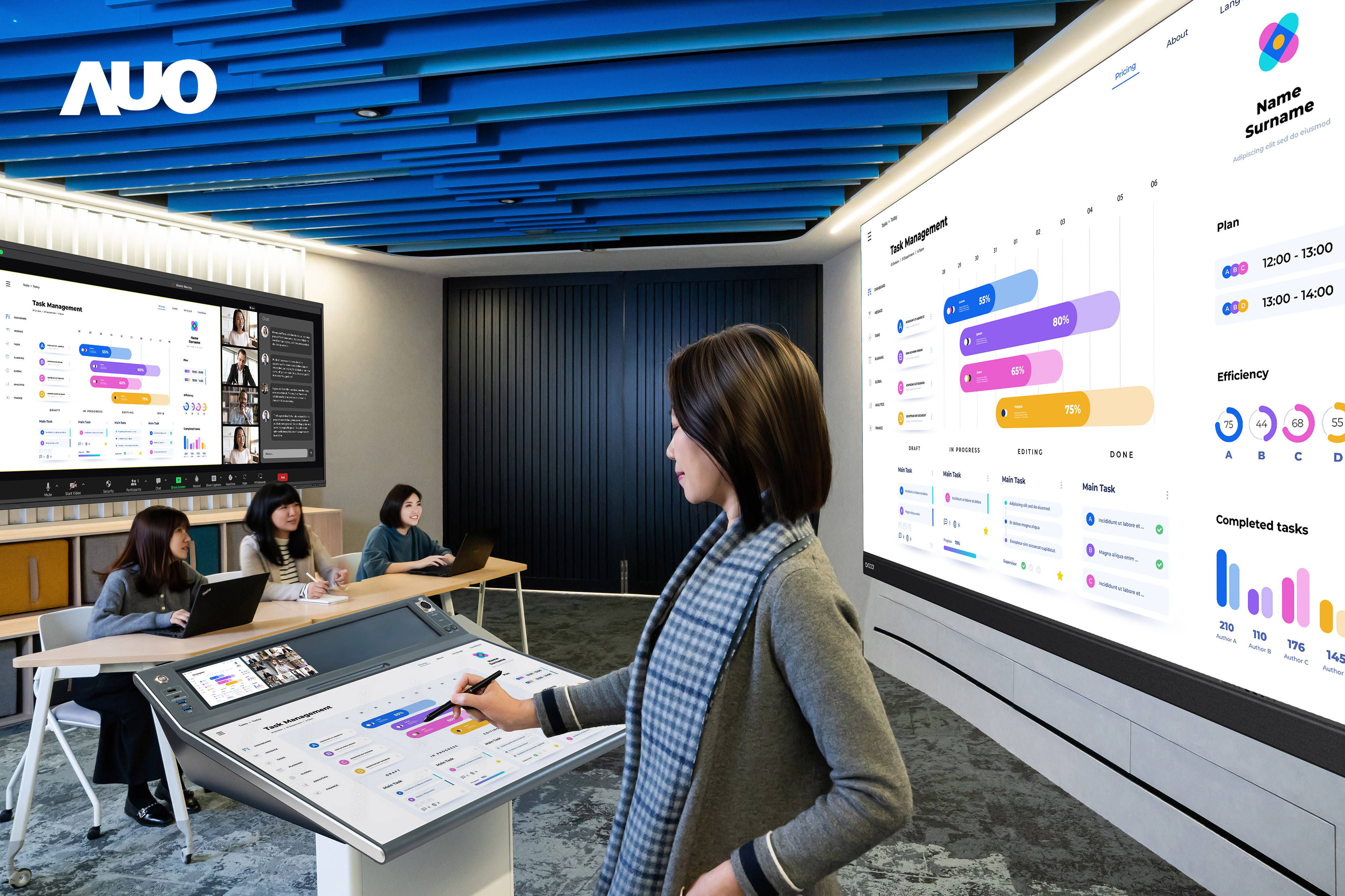 达擎携手Avocor与Rise Vision展示全方位商务领域应用，包含采用模块化设计的138吋一体式All-in-One LED显示器及具21:9超宽比例的92吋交互式电子白板（IFPD），讲者可轻松分享内容，有效提升会议协作效率。